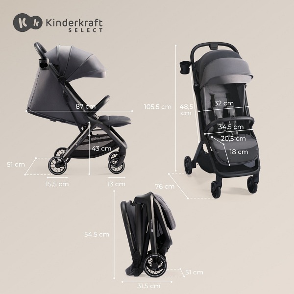Poussette Légère Kinderkraft MITZY - Voyage, Pliage Facile, Dossier Réglable, Poids Max 22 Kg, Noir